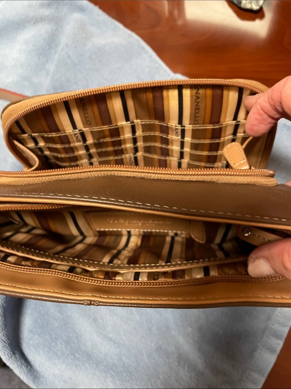 Tignanello Tan and Brown Leather Crossbody with Striped Lining - Picture 6 of 8